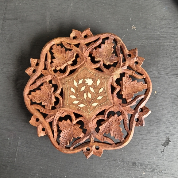 Intricate Inlaid Wood Carved Indian Trivet - Picture 1 of 8